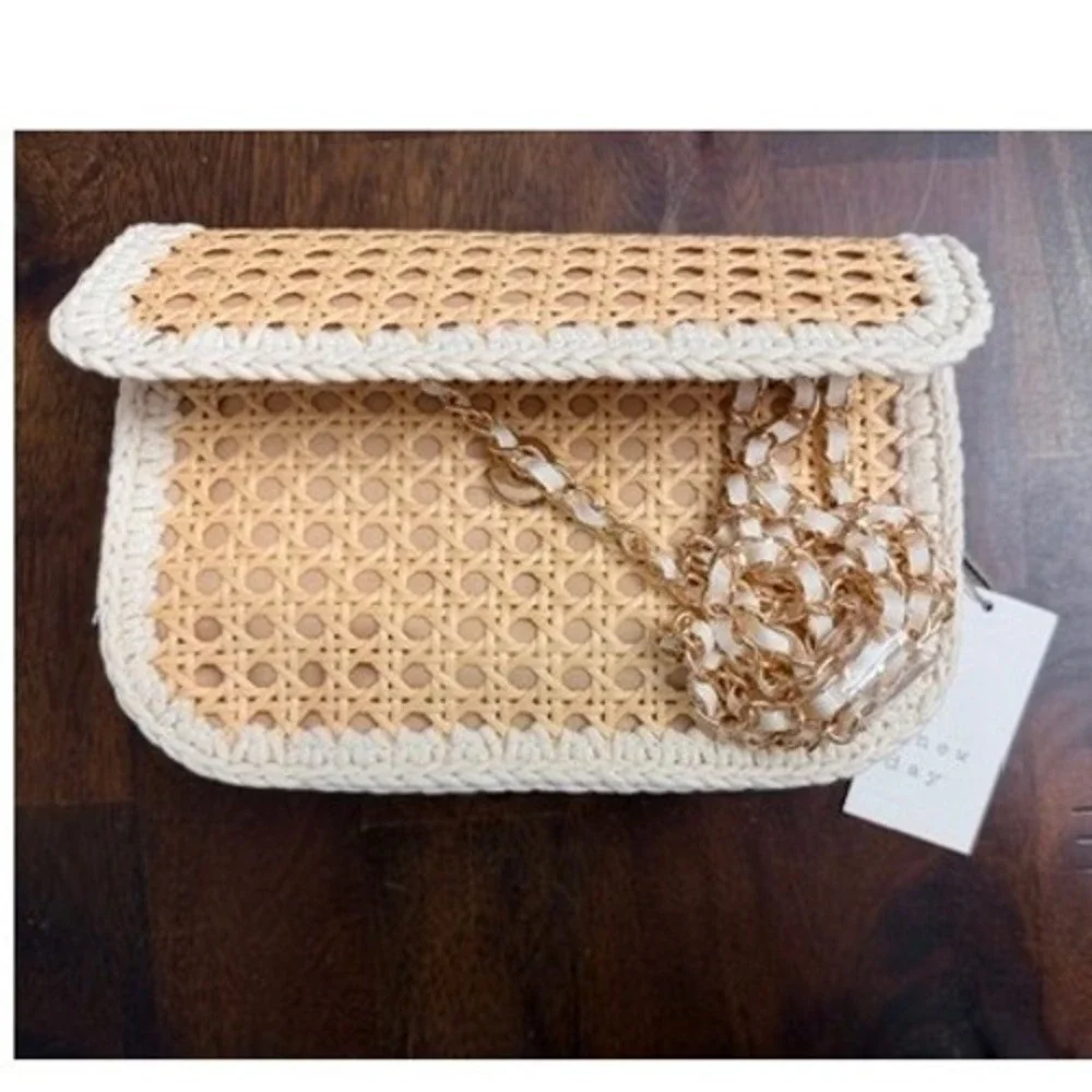 A New Day Woven Rattan Crossbody Bag Womens Small Tan NWT Boho Summer Purse NEW